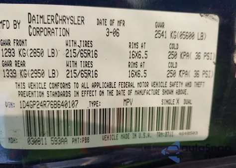 2006 Dodge Grand Caravan Se z USA, uszkodzony, nr VIN 1D4GP24R76B640107